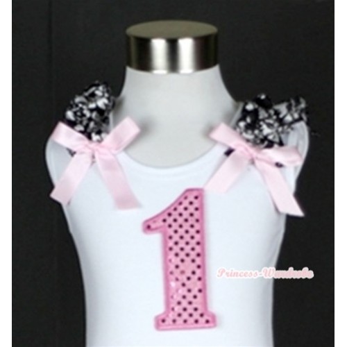 White Tank Top With 1st Sparkle Light Pink Birthday Number Print With Damask Ruffles& Light Pink Bows TB245 